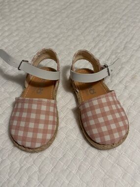 Pink Gingham Espadrille Sandals with White Ankle Strap